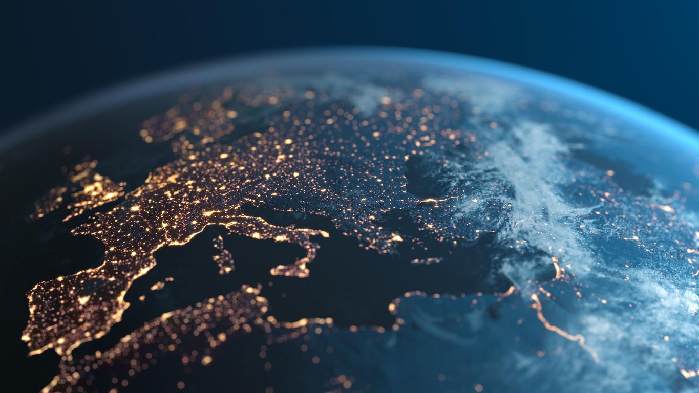 Europe illuminated at night, seen from space